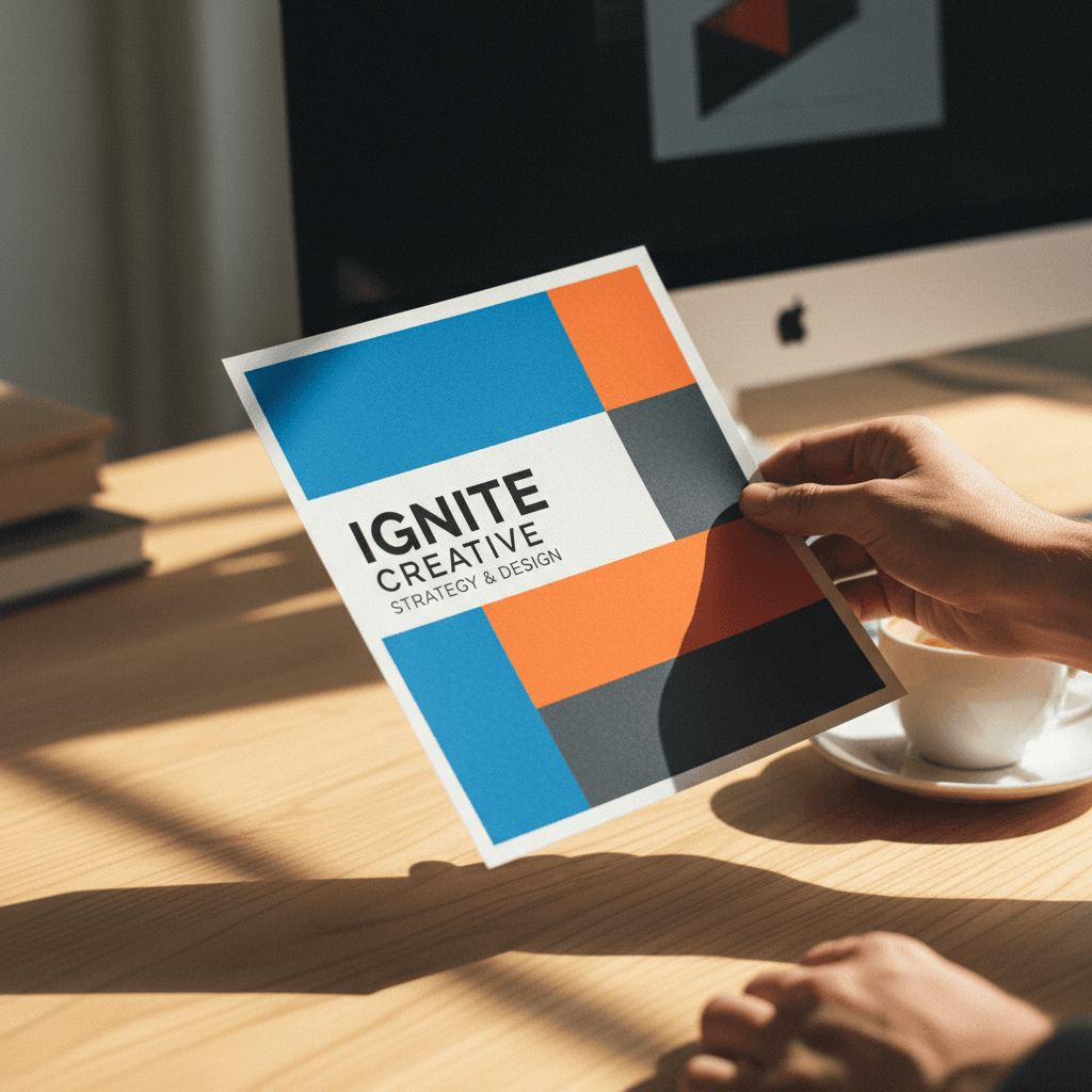 Designer reviewing printed marketing materials with strategic copywriting and bold typography