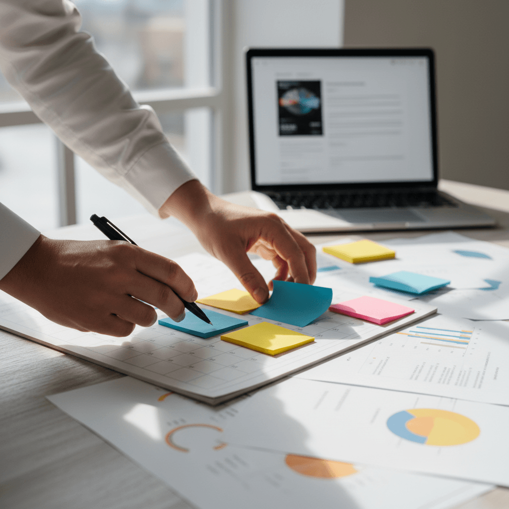 Marketing strategist planning campaign on desk with notes and sketches