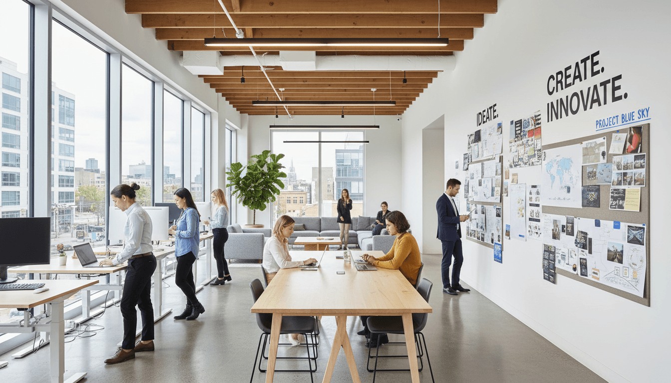 Modern marketing agency workspace with computer and creative materials