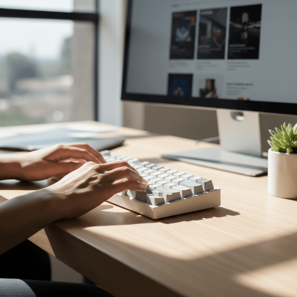 Designer writing website copy at desk